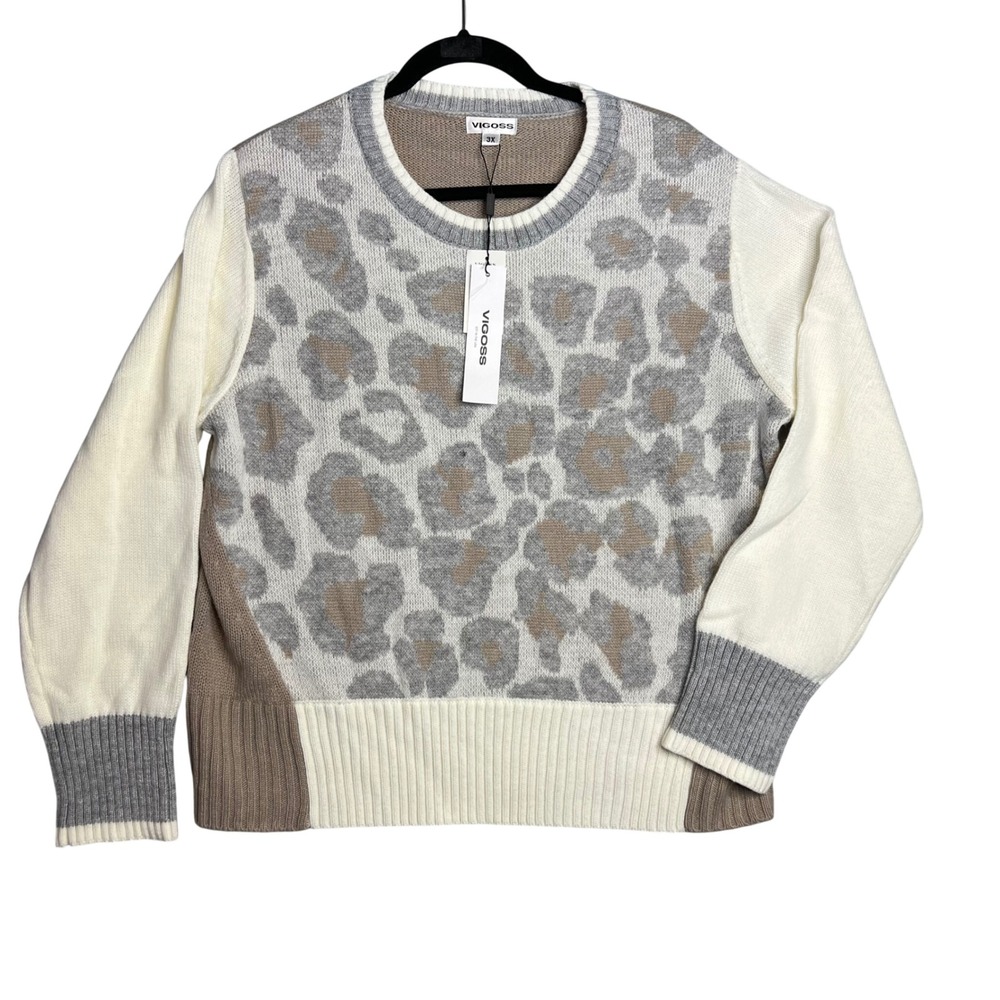 Vigoss Animal Combo Crewneck Sweater Plus Size 3X Leopard Print Colorblock NWT